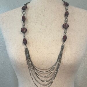 Long Silver Chain Necklace With Purple Stones